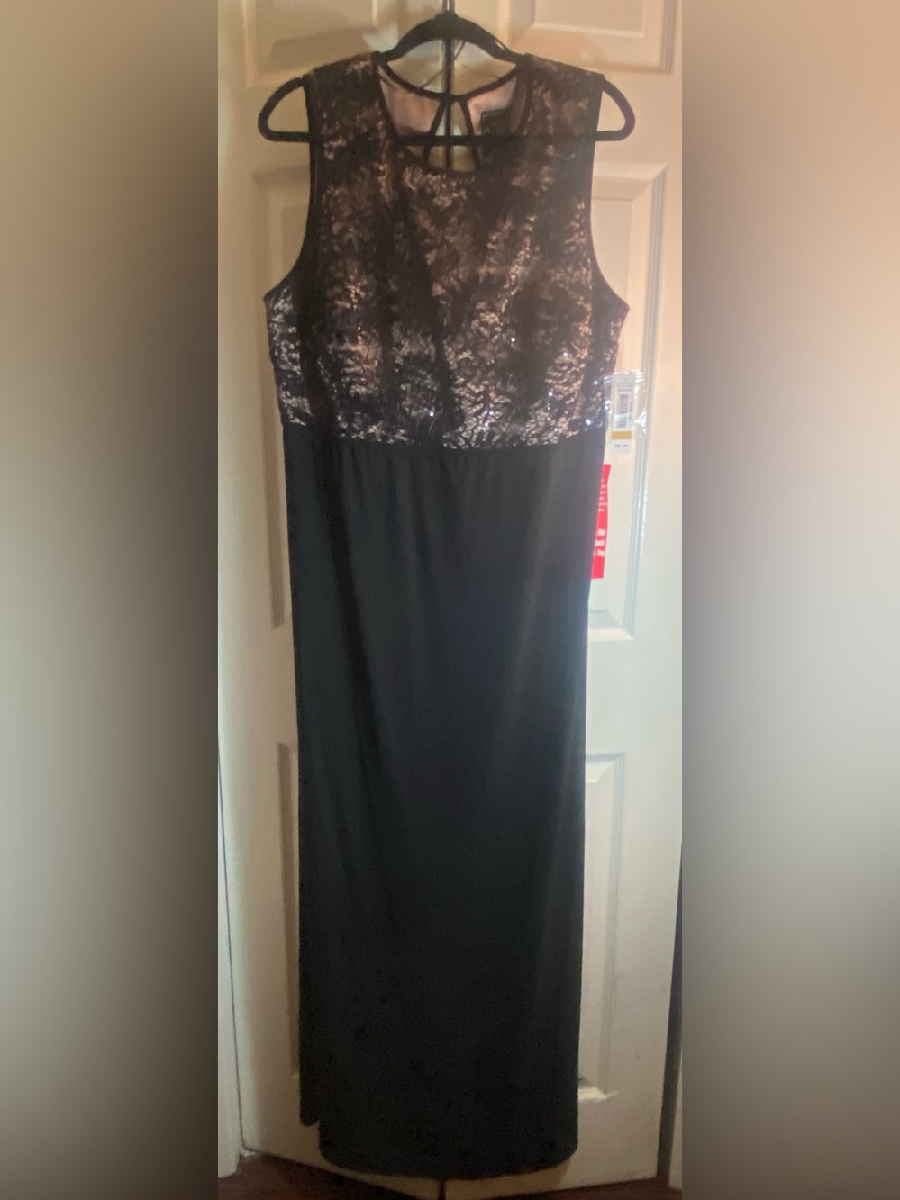Long evening dress with lace and sequins on the bodice.